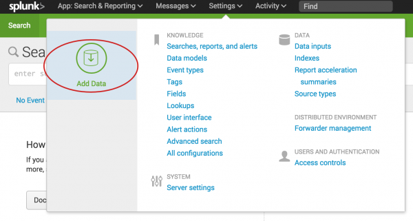 This screen capture shows the Settings drop-down menu on the black Splunk bar. The Add Data option is circled.