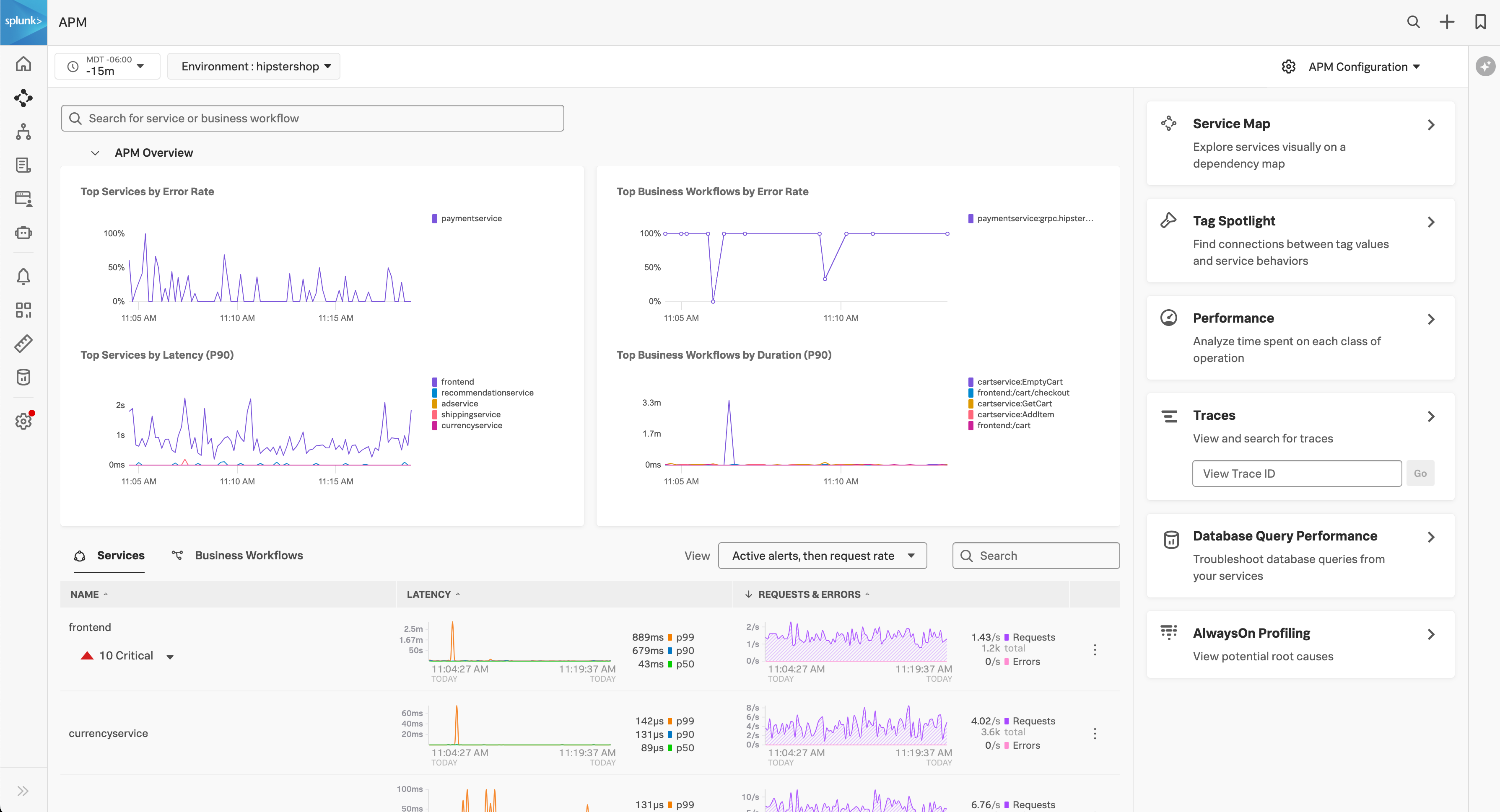 This screenshot shows an example of the Splunk APM landing page