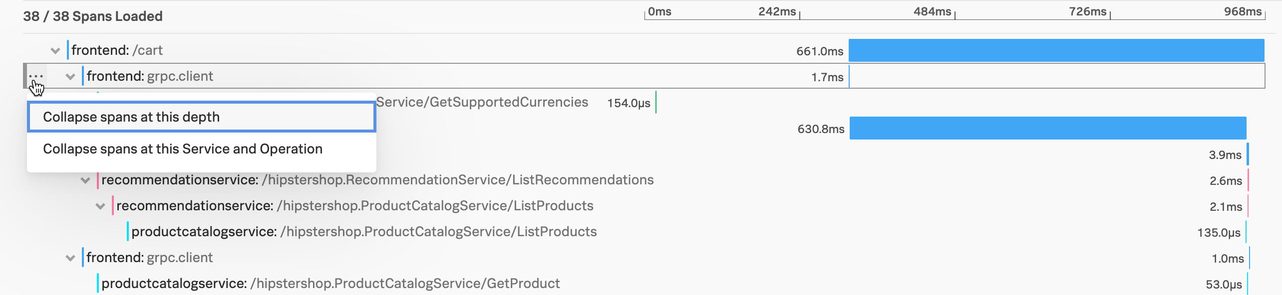 3-dot menu with options to collapse spans at a specific depth or the service and operation level