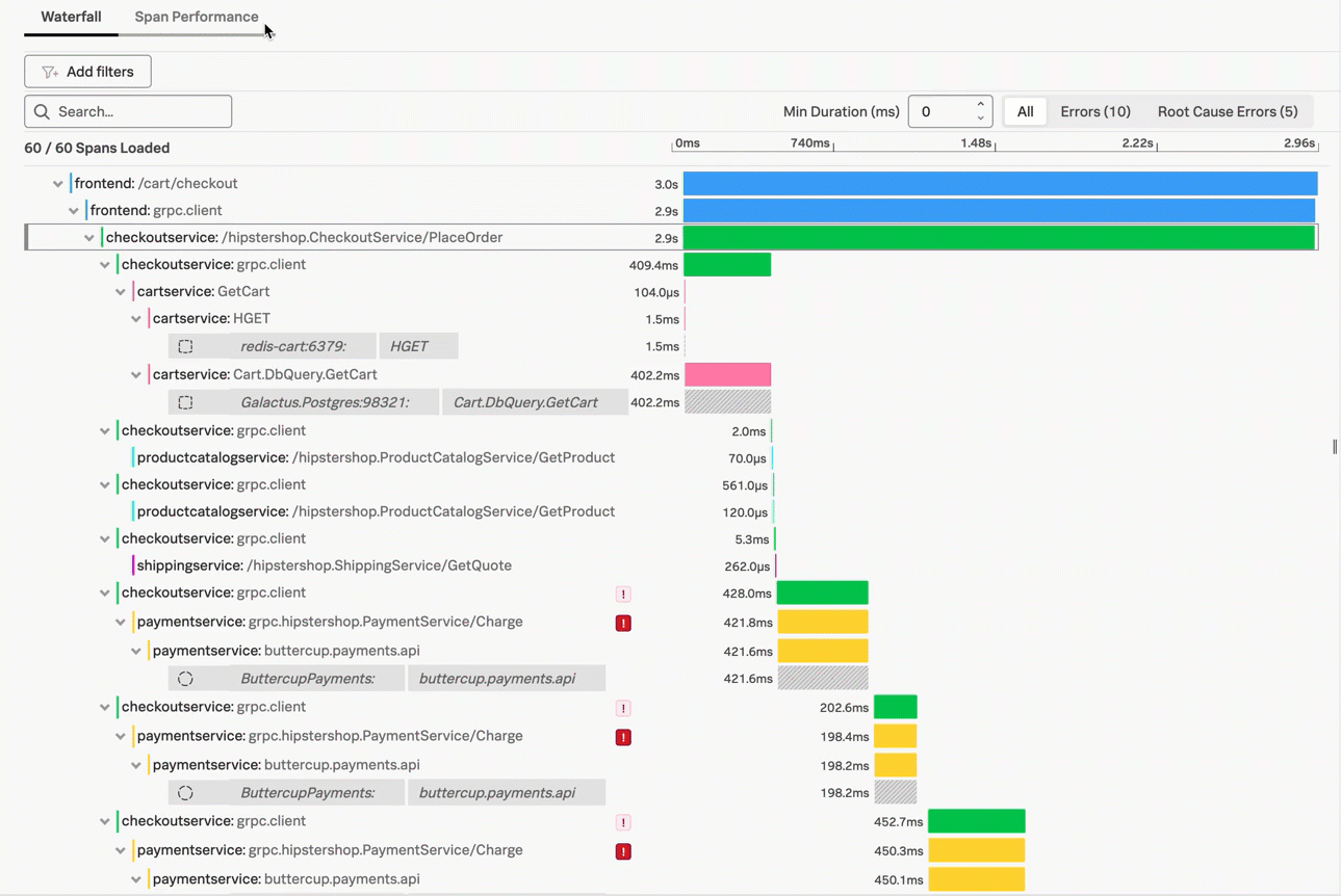 This animation shows a span filter in which the user filters for Service = checkoutservice, and then further refines the filter to error=true. The user also demonstrates that using the matches-only switch shows only the spans that match your filter.