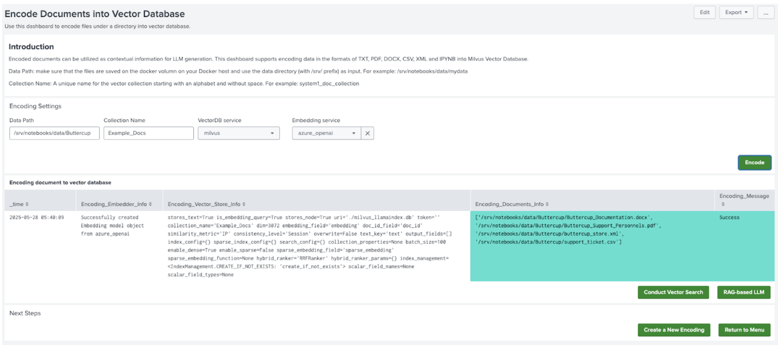 This image shows an example of the Encode Documents into a Vector Database dashboard in DSDL.