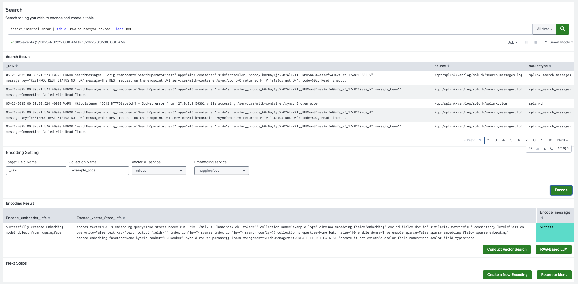This image shows an example of the  Encoding Splunk data into a vector database dashboard.