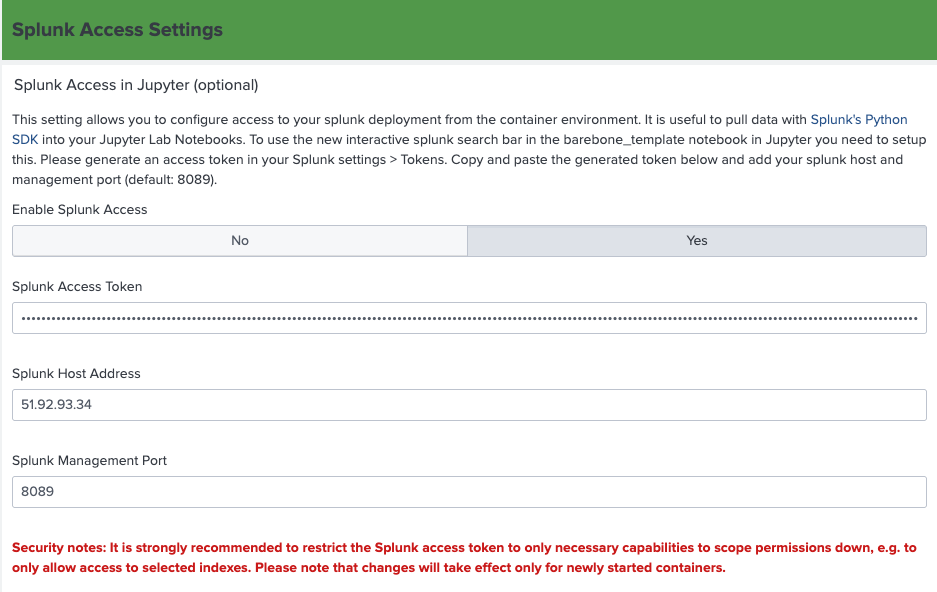 This image shows the Splunk Access Settings page in DSDL.
