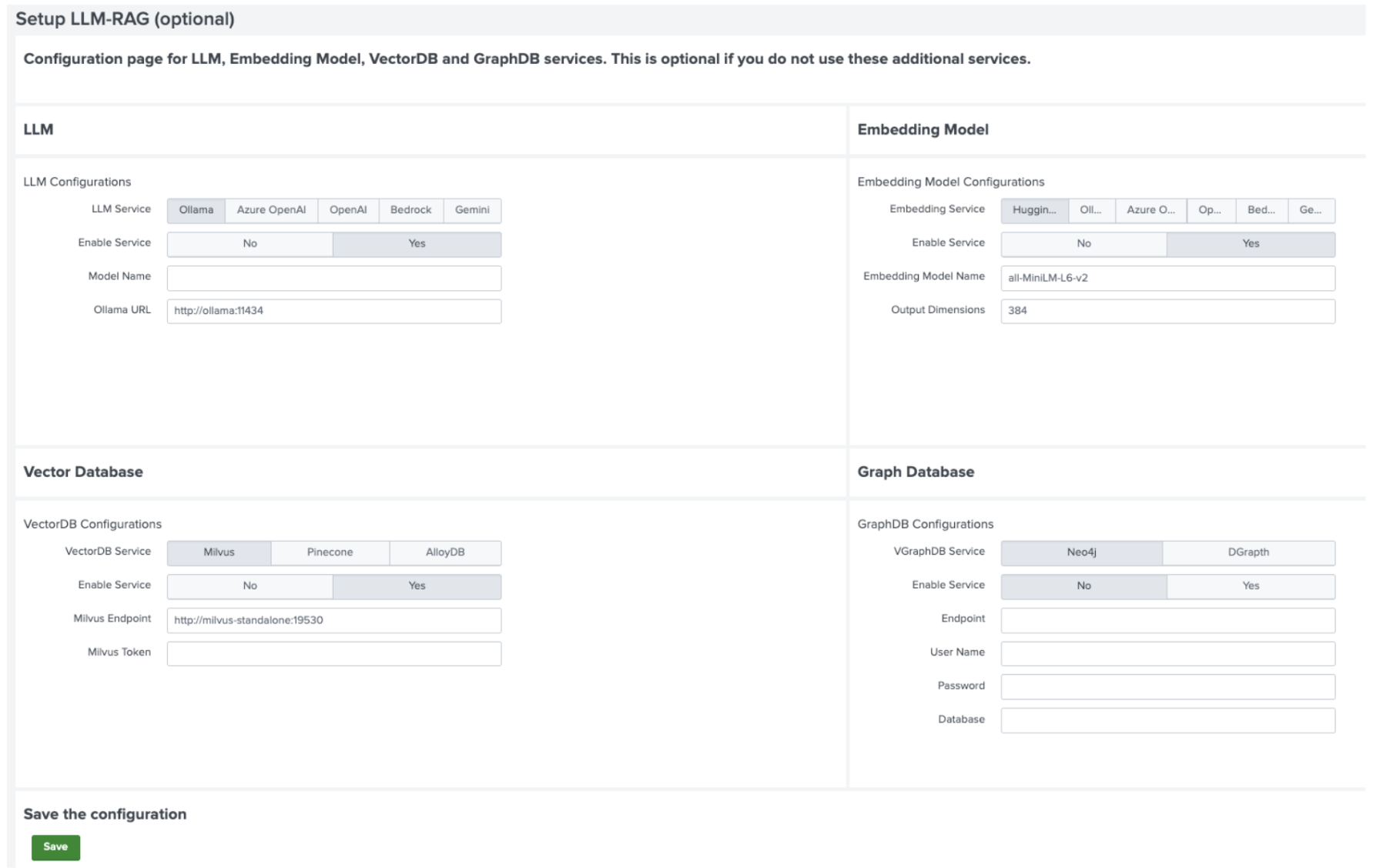 This image shows the Setup LLM-RAG (optional) page in DSDL.