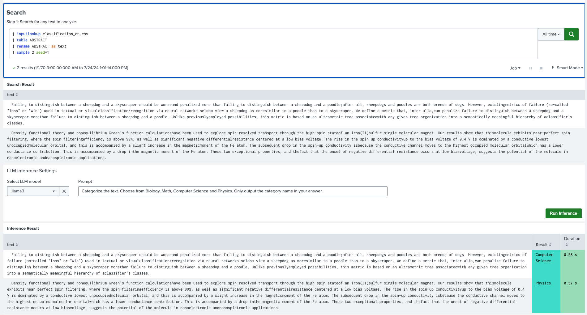 This image shows an example of a Standalone LLM search for text data stored in the Splunk platform.