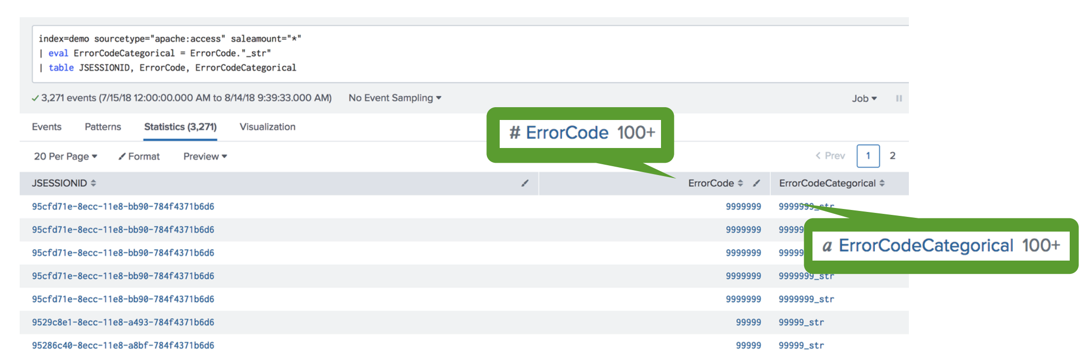 This image shows several columns of data. The numeric version of the Error Code data is visible, along with a new column for the Error Code content converted to be categorical. These Error Codes have a string suffix.