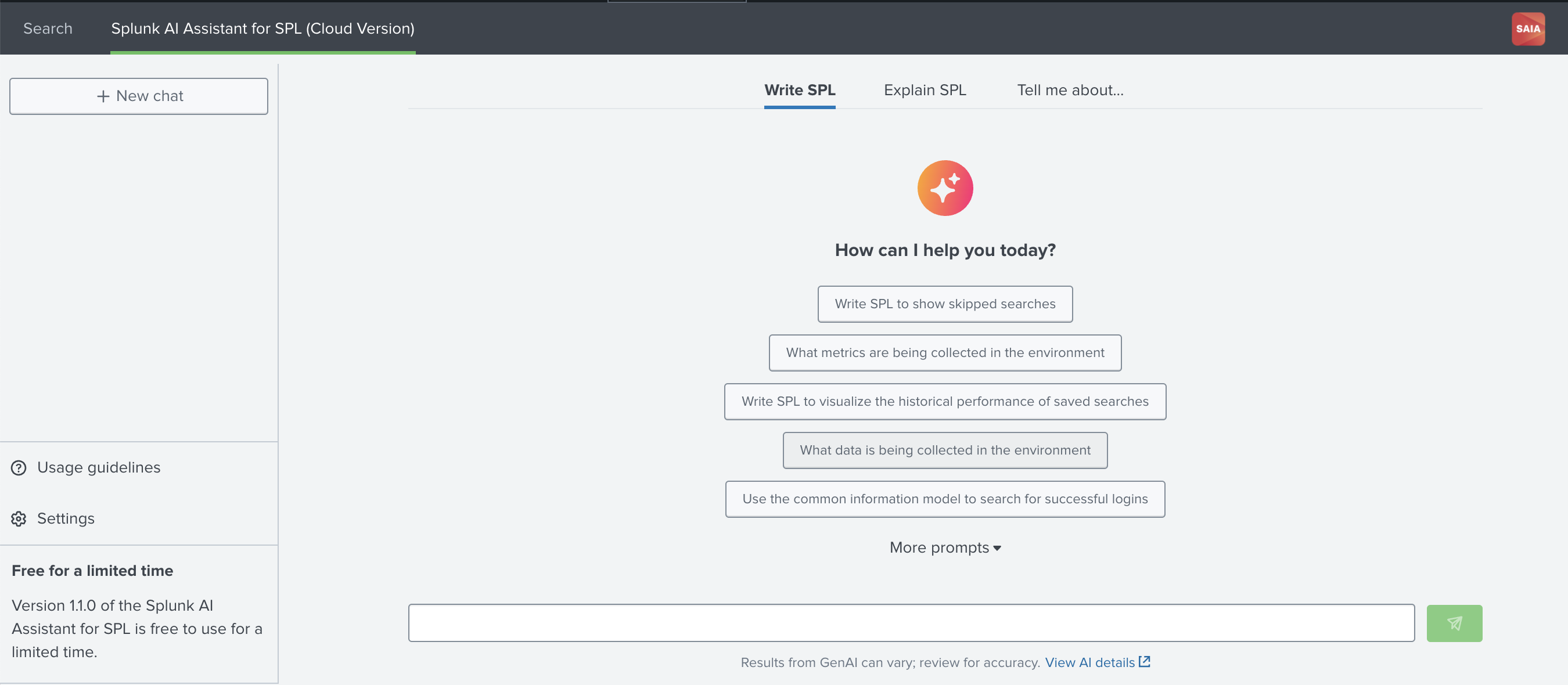 This image shows the view when you open Splunk AI Assistant for SPL. Available actions include Write SPL, Explain SPL, and Tell me about. There is also a New Chat option in the top left.