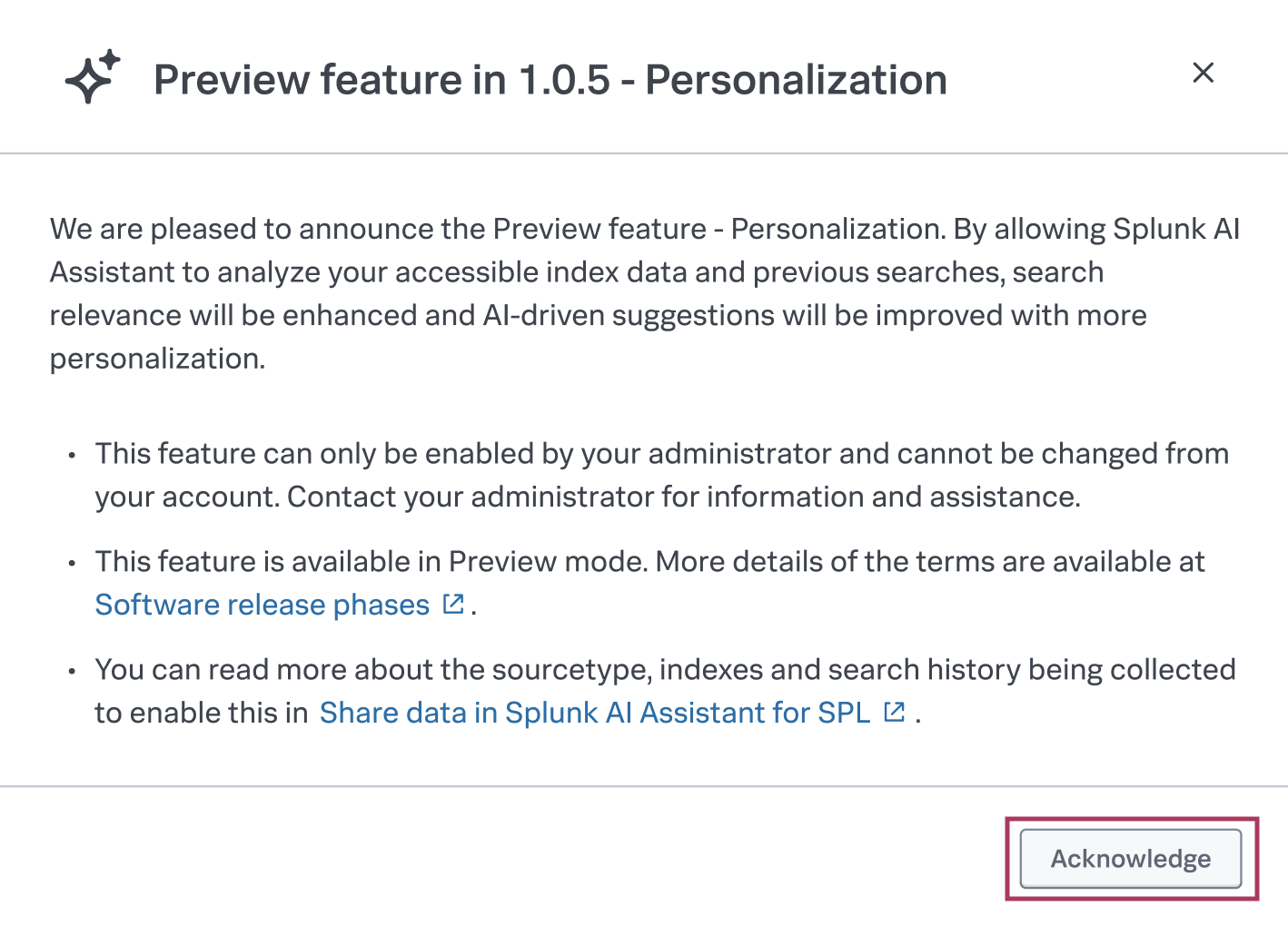 This image shows how the personalization preview information appears as a modal window to version 1.0.5 or 1.0.6 users without administrator privileges.