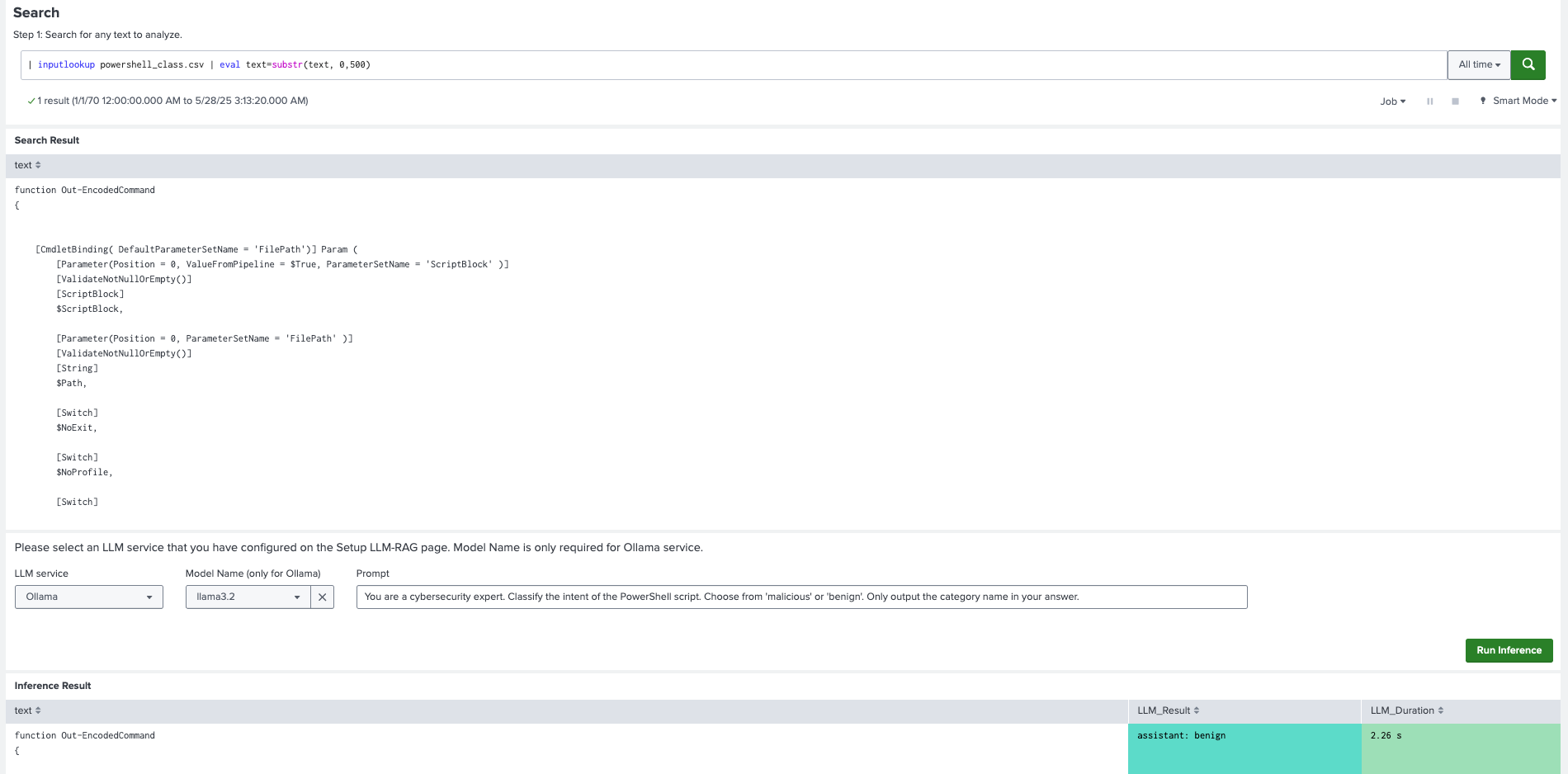 This image shows an example of a Standalone LLM search for text data stored in the Splunk platform.