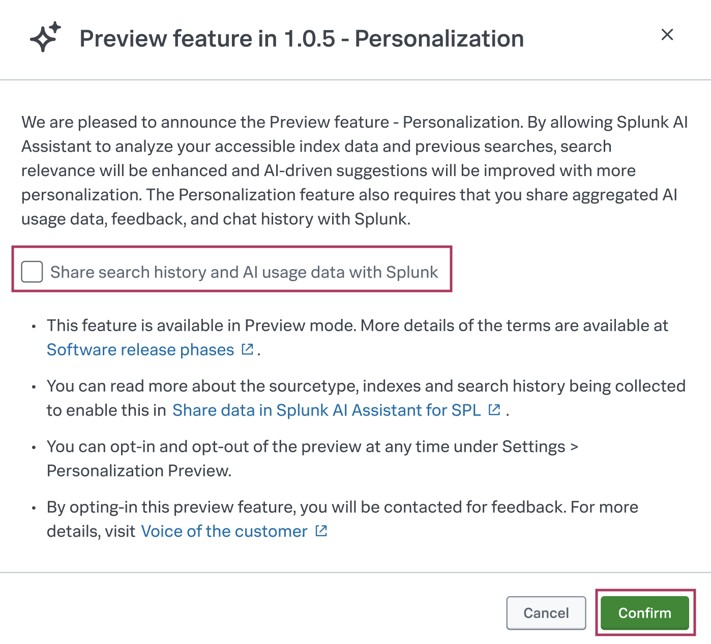 This image shows how the personalization preview information appears as a modal window to version 1.0.5 or 1.0.6 users without administrator privileges