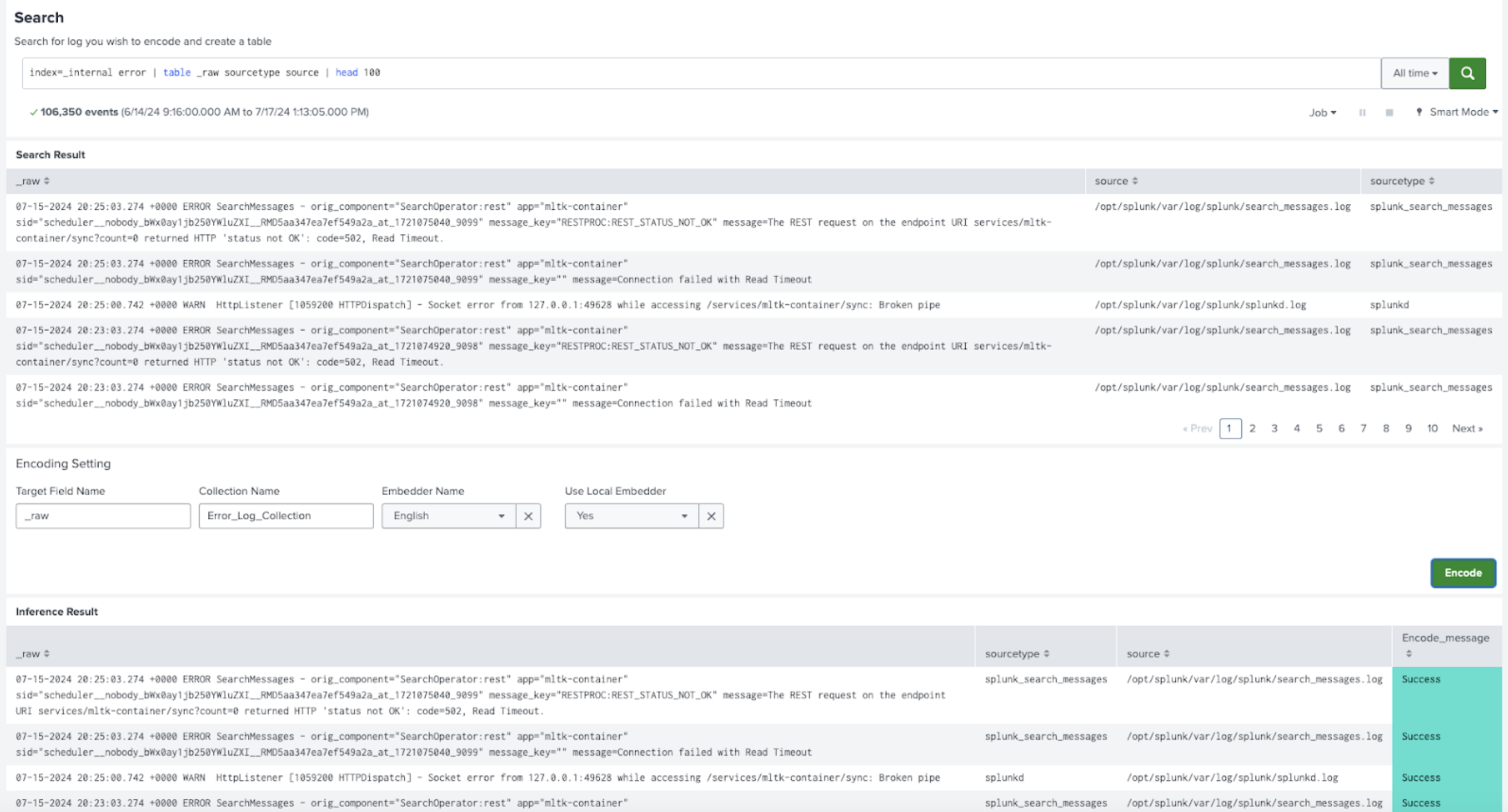 This image shows an example of the Encode Data from Splunk page.