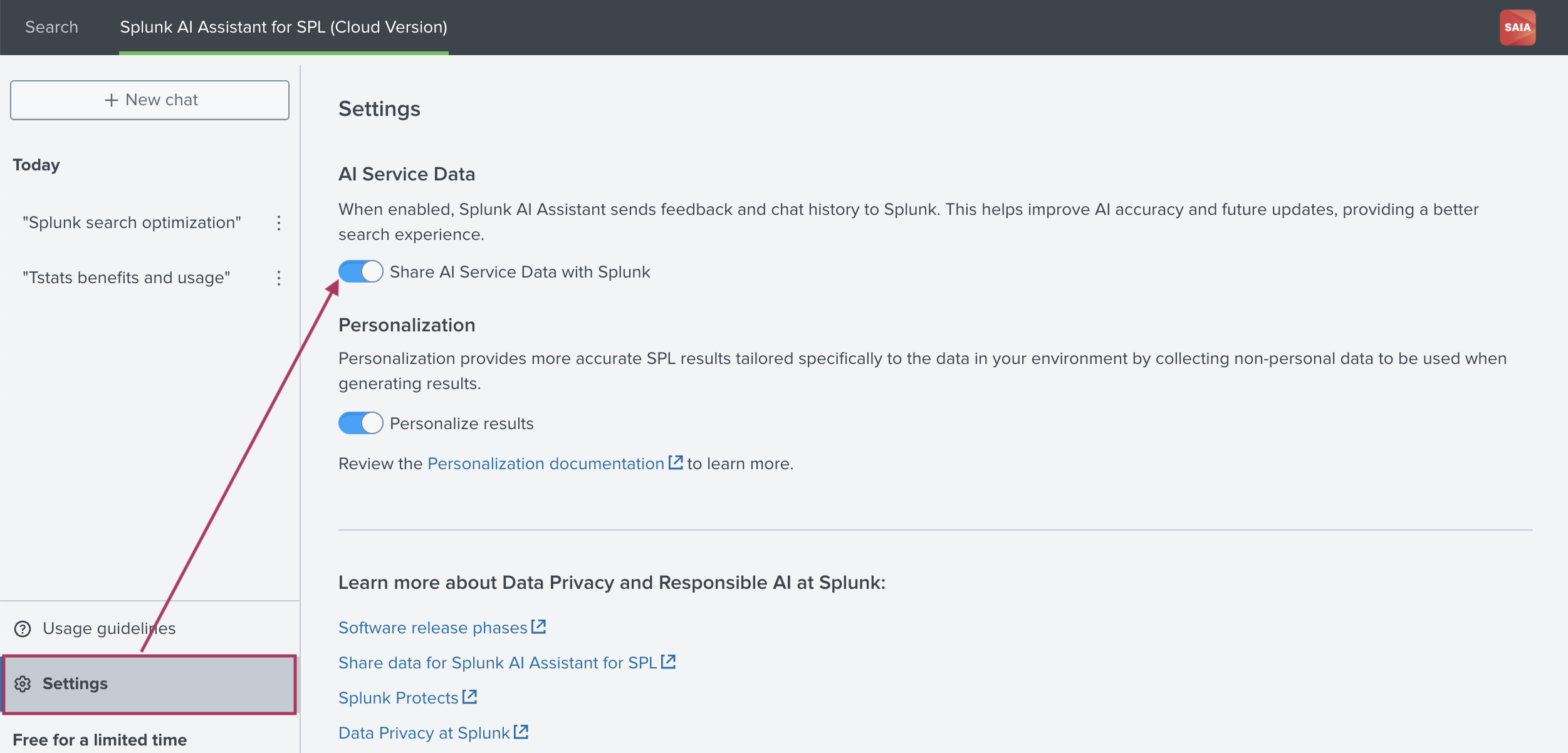 This image shows the Settings tab of Splunk AI Assistant for SPL. A checkbox labeled as Share AI Service Data with Splunk is highlighted. From this page in the app you can choose to share or not share some data with Splunk.