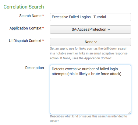 This screen image shows the excessive failed logins tutorial search with the search name, application context, UI dispatch context, and description fields completed.