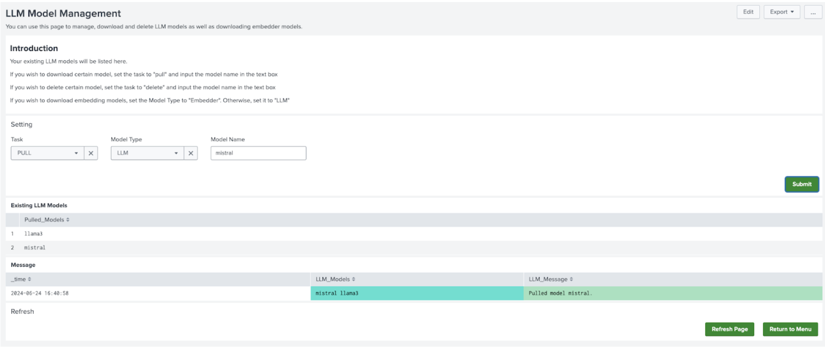 This image shows the settings panel on the Manage your LLMs page. Fields for Task and Model Type are filled in.