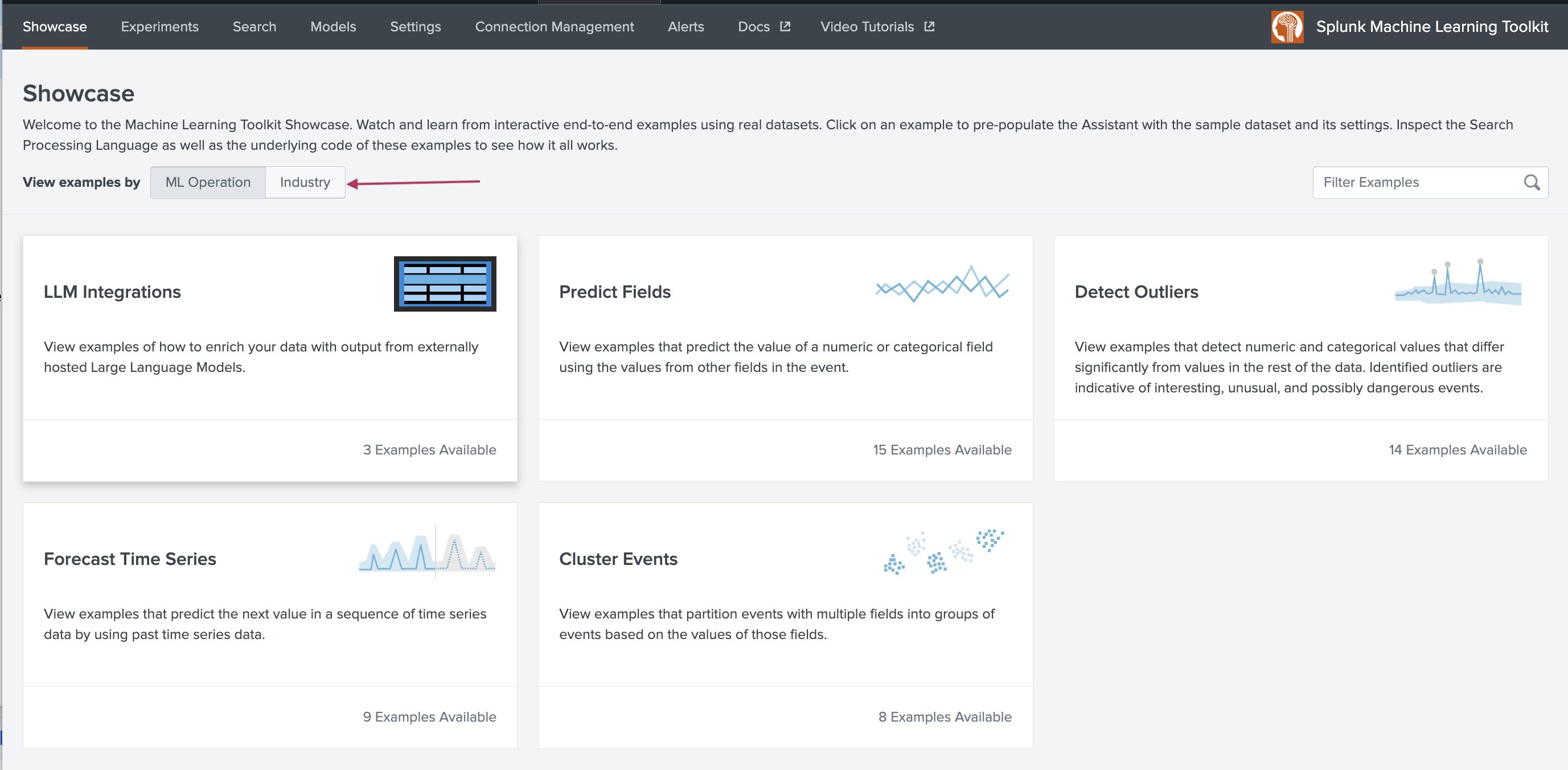 This image shows the Showcase tab of the Splunk Machine Learning Toolkit.