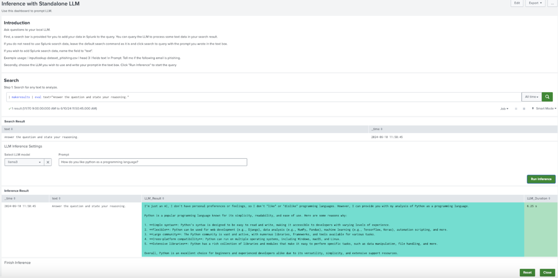 This image shows an example of an Inference with Standalone LLM dashboard.