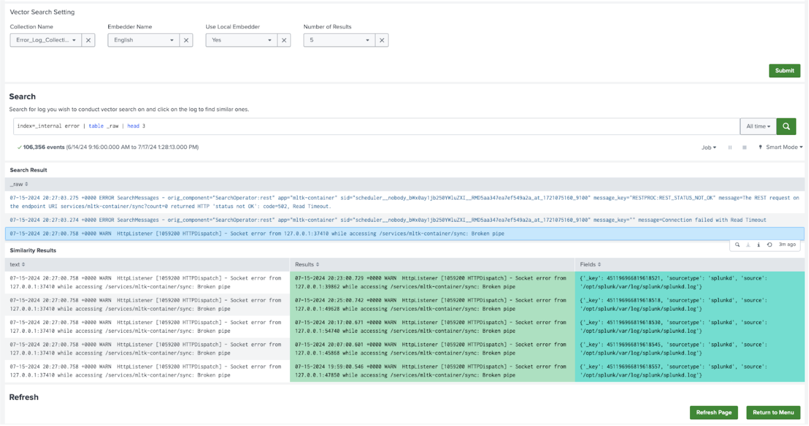 This image shows an example of a Vector search on Splunk data.