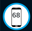 An image of a cell phone in a blue circle. The cell phone has the number 68 on the screen.