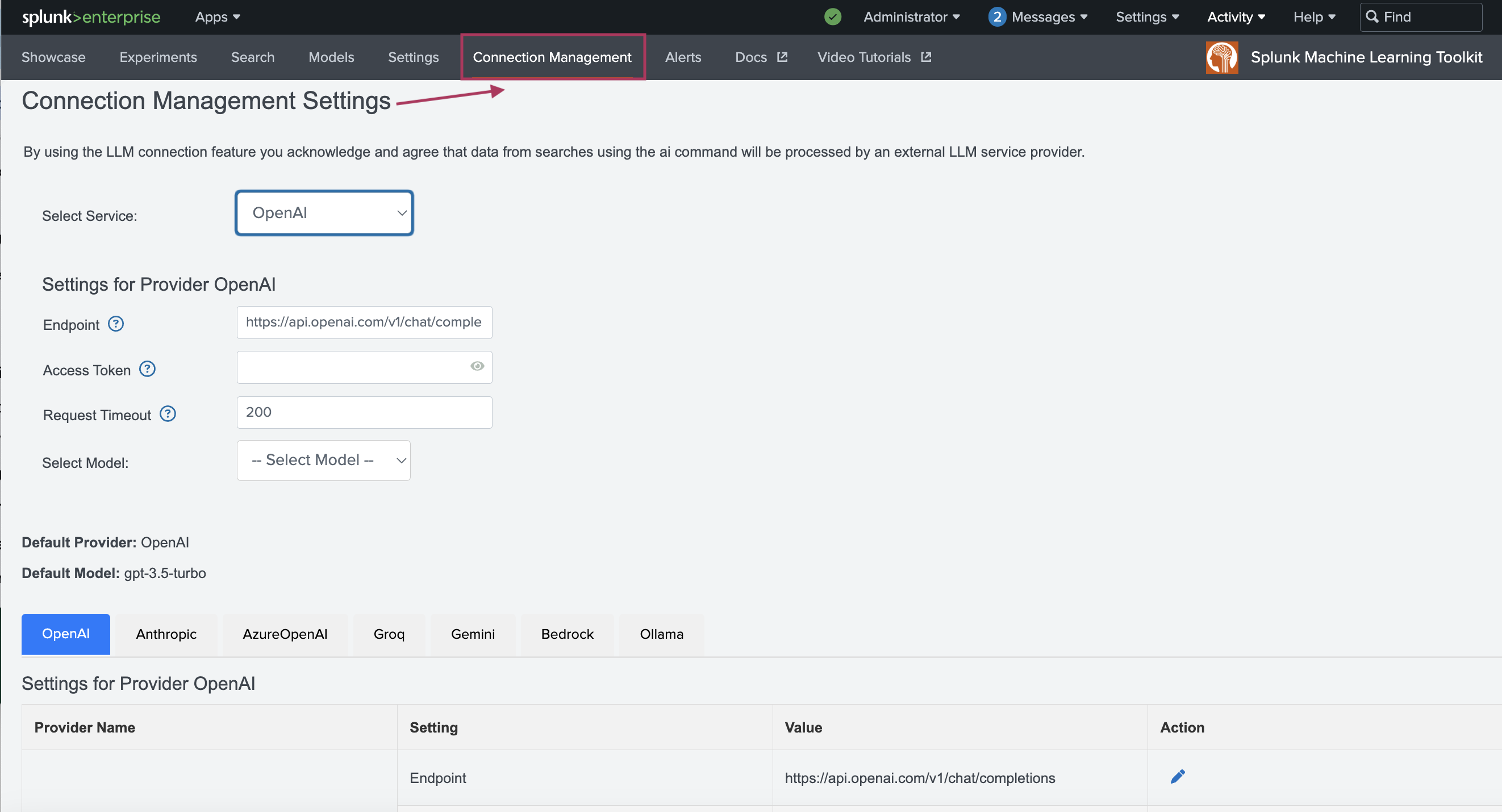 This image shows the Splunk Machine Learning Toolkit app. The new tab called Connection Management is highlighted and selected. From this tab users can connect to the supported LLM provider they prefer.