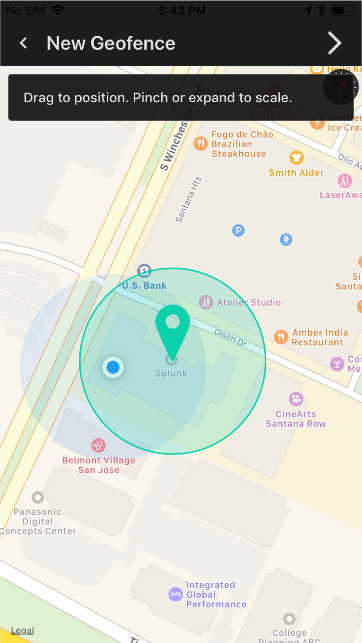 An image of the Splunk AR user interface for creating a geofence. You can drag and pinch the circle to resize and reposition the geofence on a map.