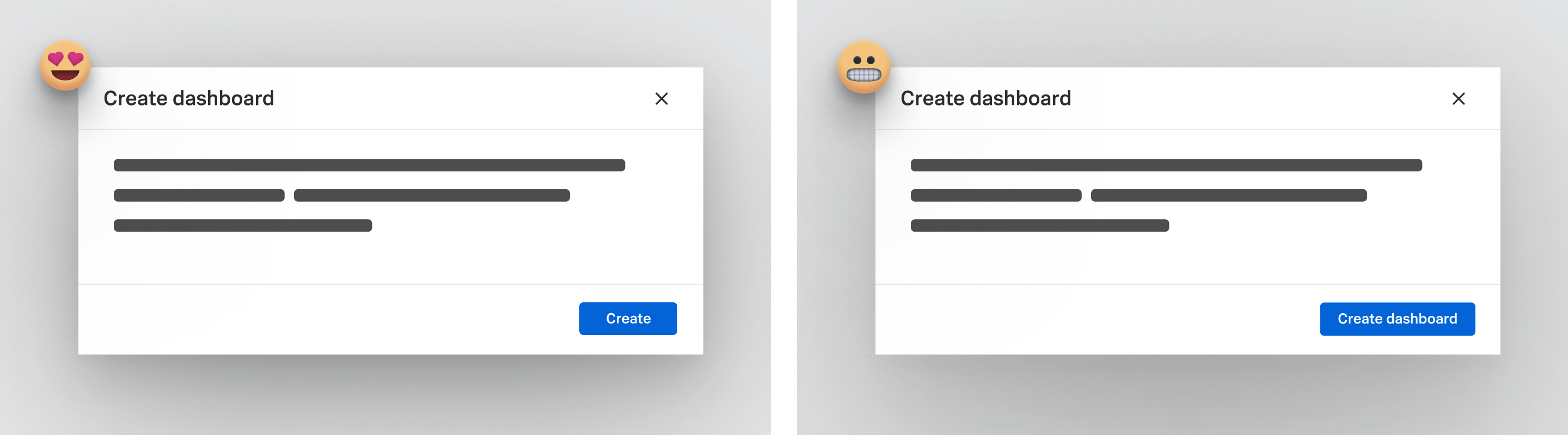 Example of ideal button text that says "Create" with a header for the dialog box says "Create dashboard", and an example of nonideal button text that says "Create dashboard" for a dialog box header that says "Create dashboard".