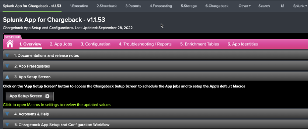This screenshot shows the Chargeback App Setup and Configuration screen.