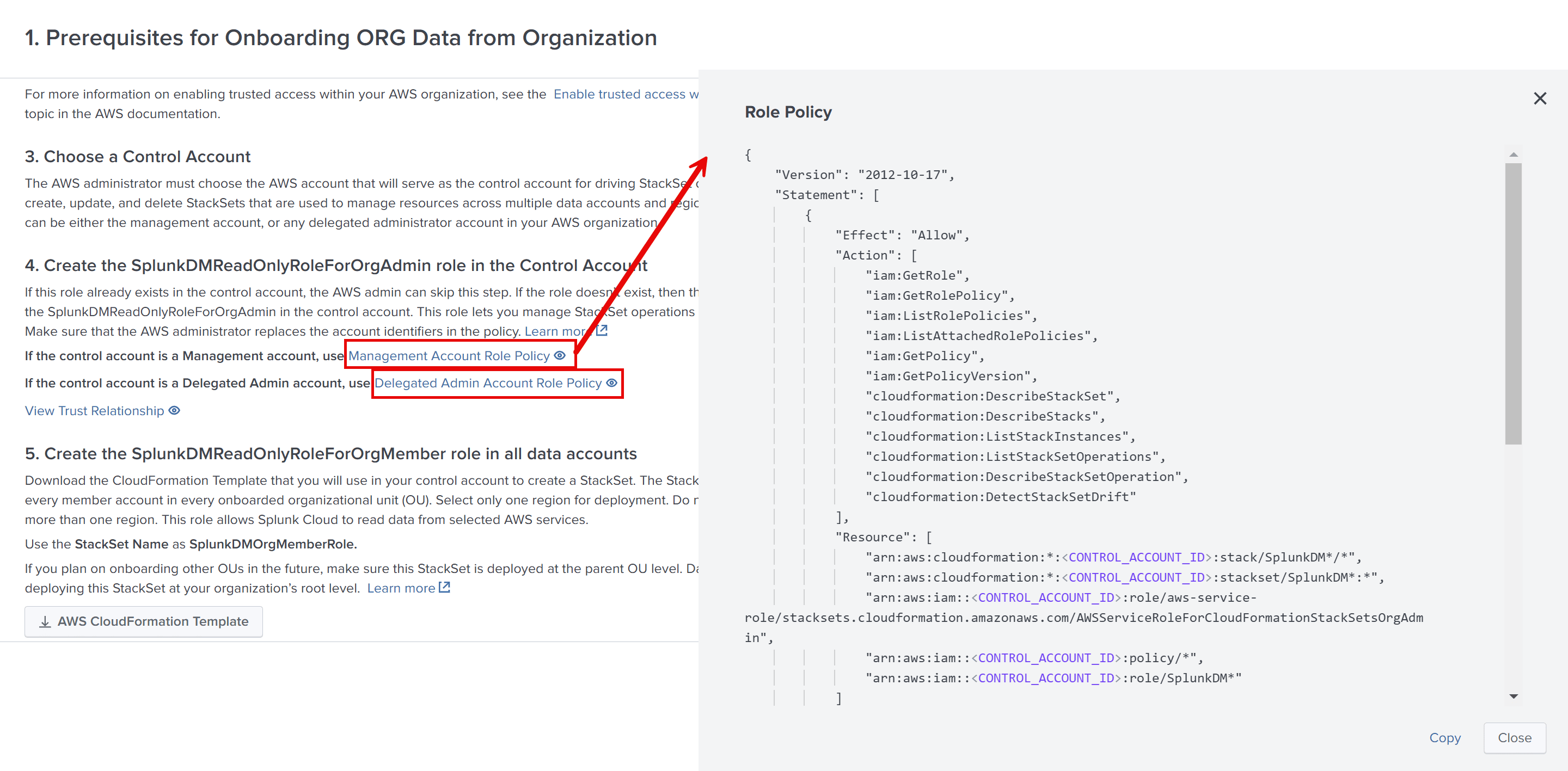 On the Prerequisties page, select role policy depending on the account you use for the control account. Select Copy to copy the policy.