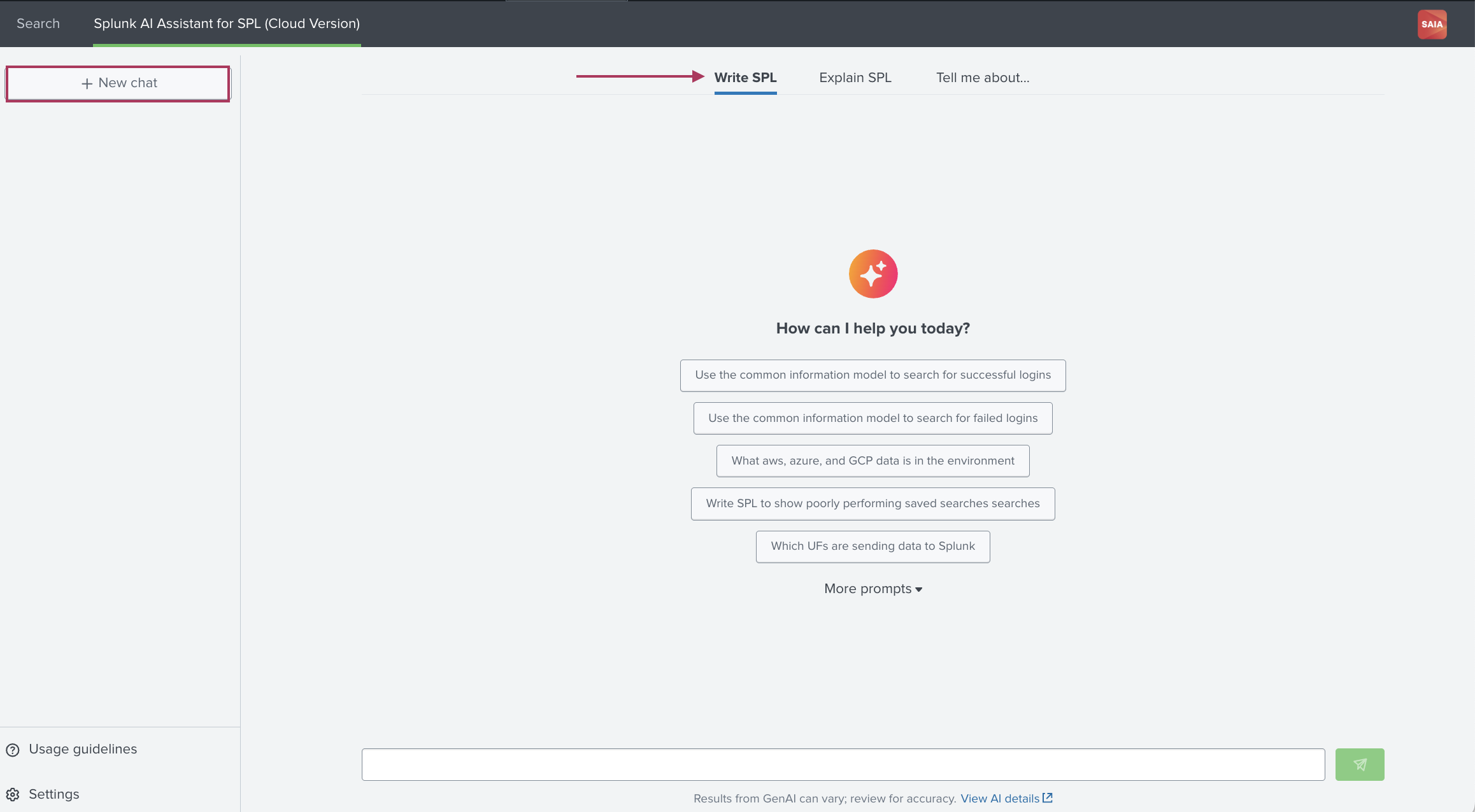 This image shows the main page for Splunk AI Assistant for SPL. From this view you can start a New Chat. This new chat can perform one of three tasks - Write SPL, Explain SPL, or Tell me more about. All chats are saved and can be renamed or deleted from the left side of the page.