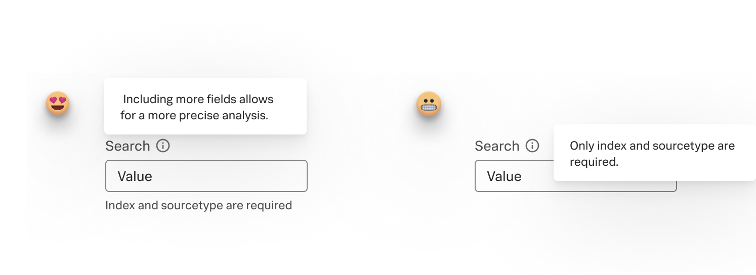 Example of ideal tooltip text that appears above all fields when hovered over, and an example of nonideal tooltip text that covers the fields when hovered over.