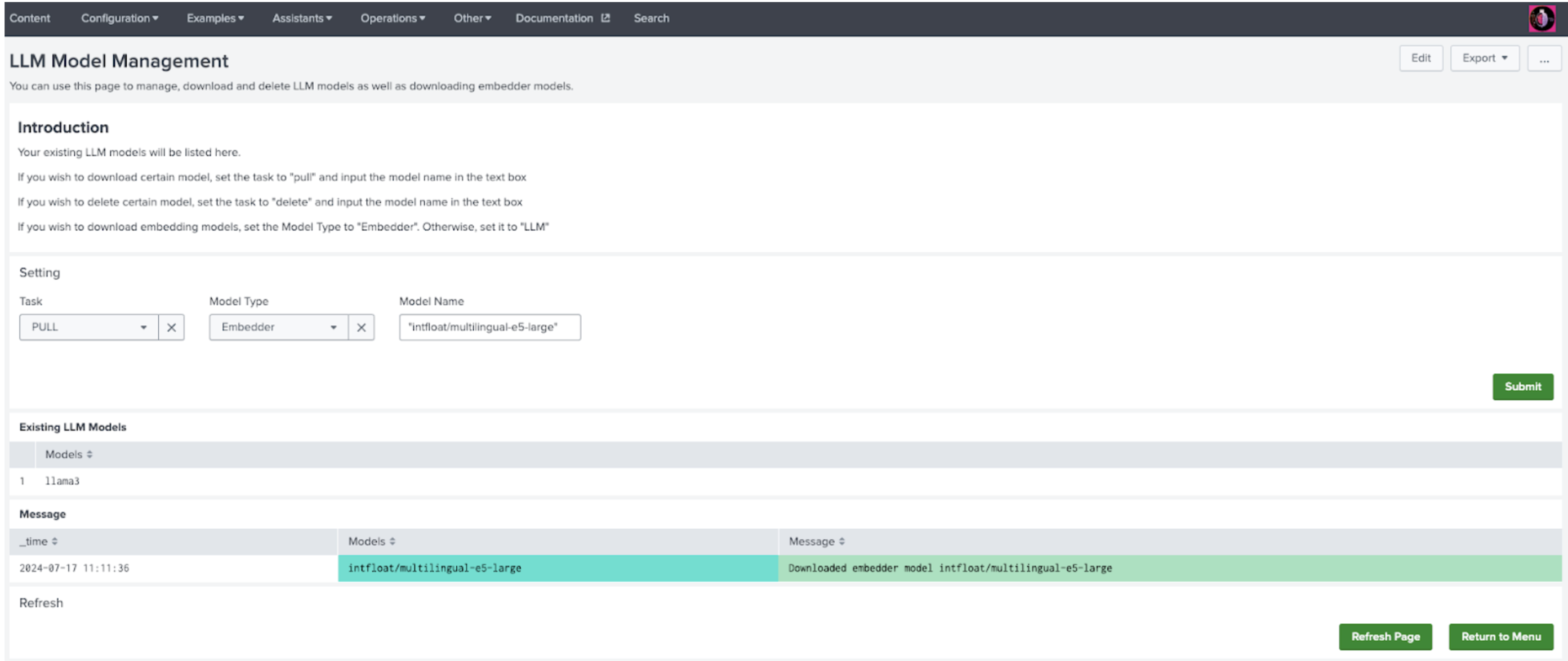 This image shows an example LLM Model Management page