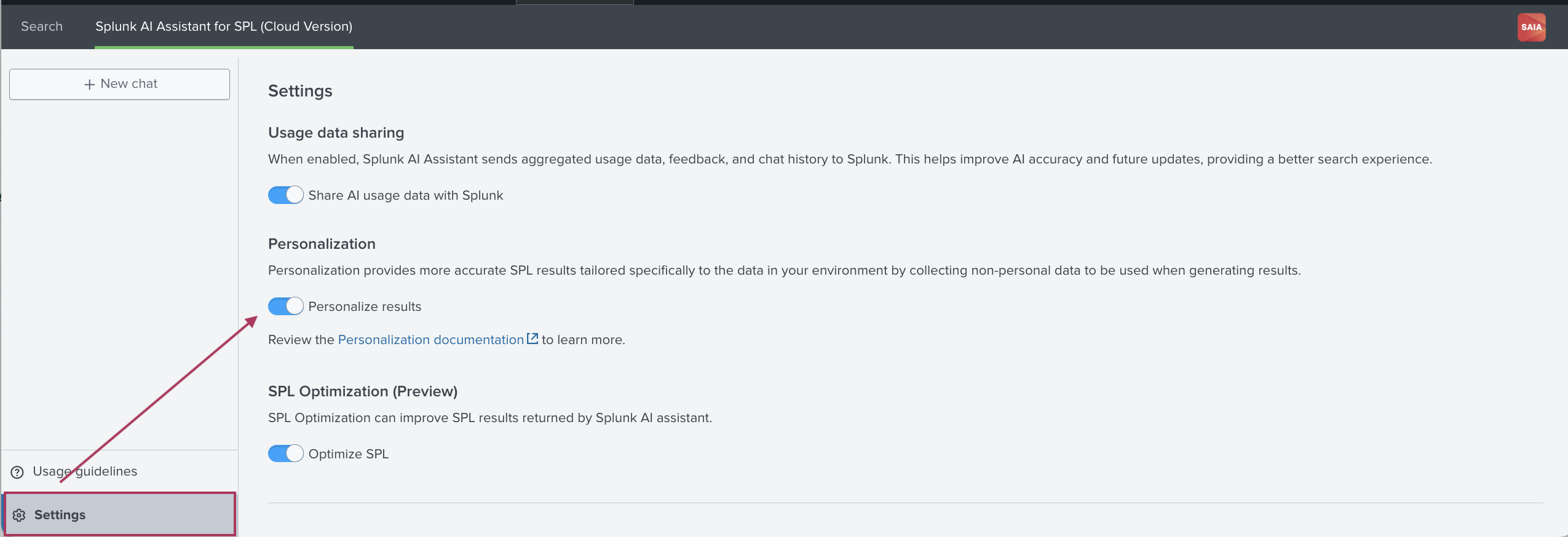 This image shows the Settings tab of the assistant. A check box to opt-in or out of Personalization is highlighted.