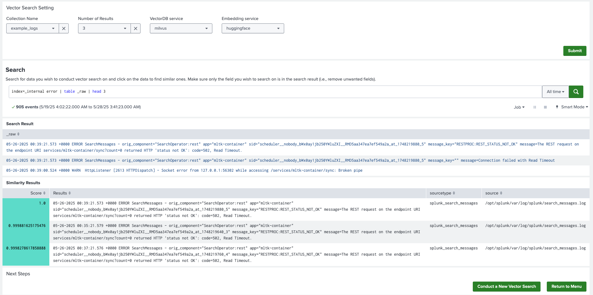 This image shows an example of Vector Search in DSDL.