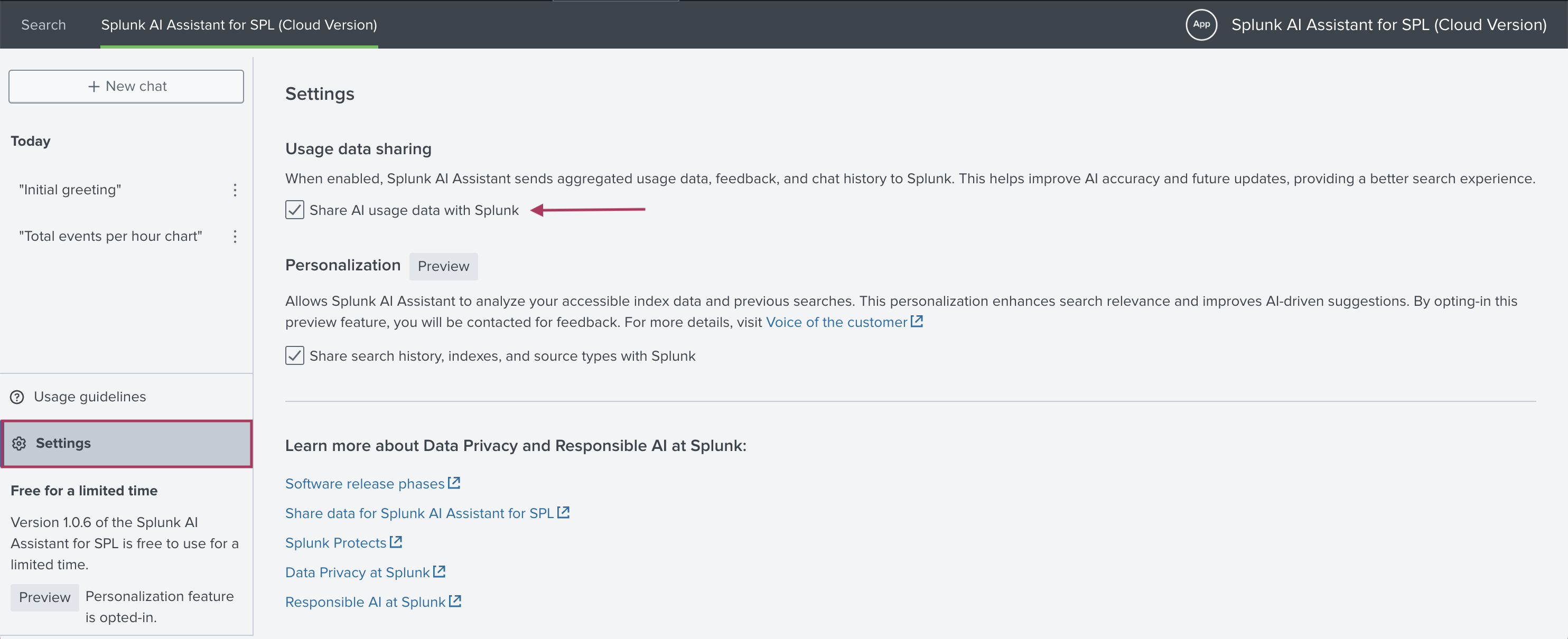 This image shows the Settings tab of Splunk AI Assistant for SPL. A tick-box labeled as Share AI usage data with Splunk is highlighted. From this page in the app you can choose to share or not share some data with Splunk.