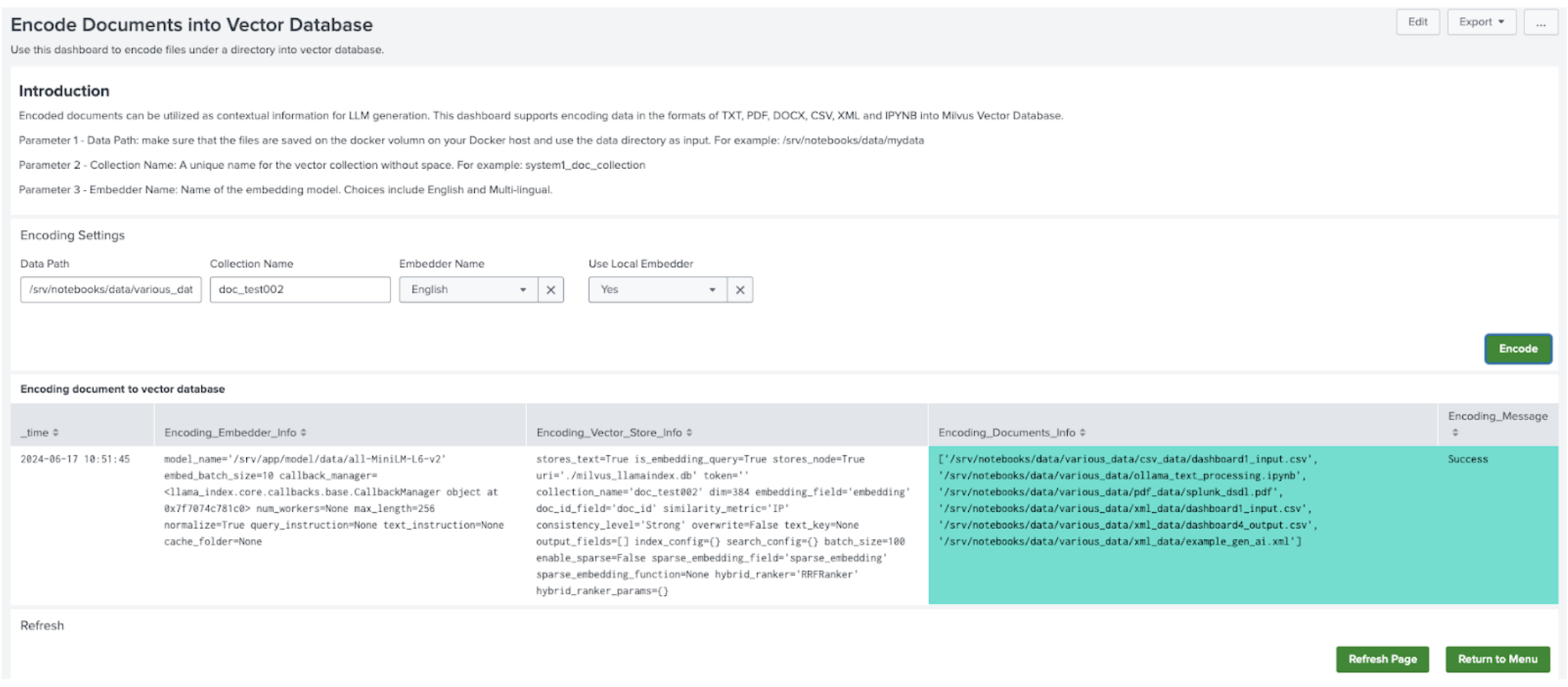 This image shows an example of the Encode Documents into a Vector Database dashboard.