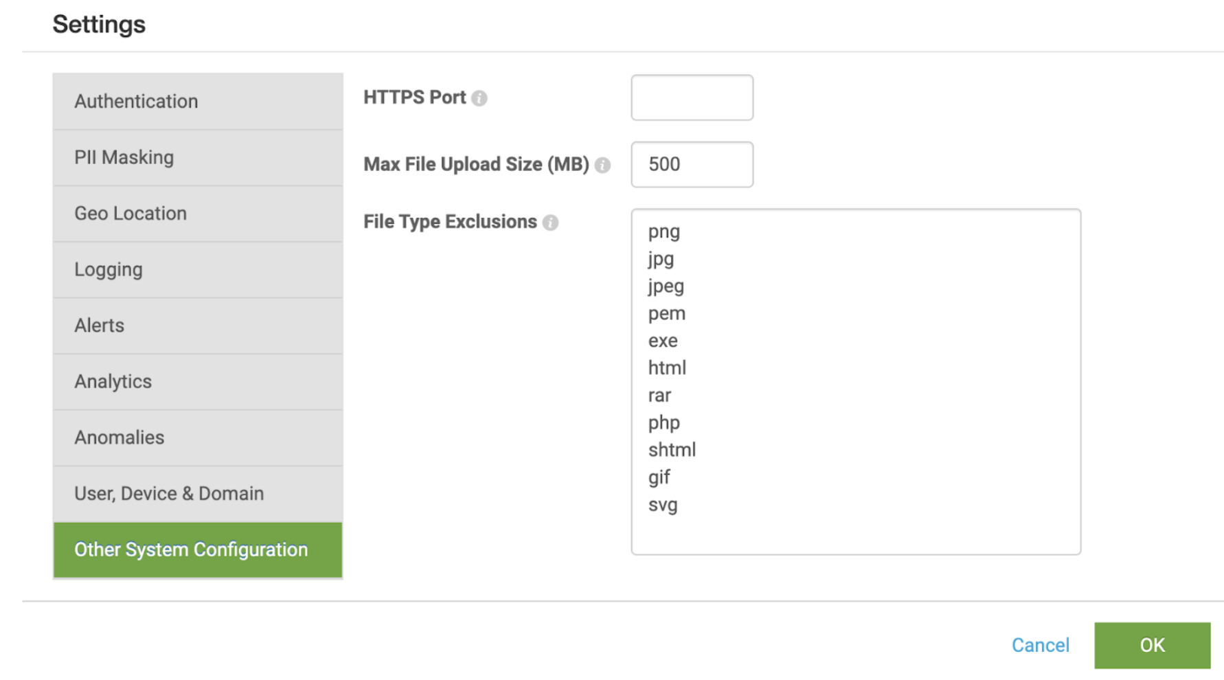This image shows the Settings page for Splunk UBA. On the field labeled File Type Exclusion you can add the file type you want to restrict.