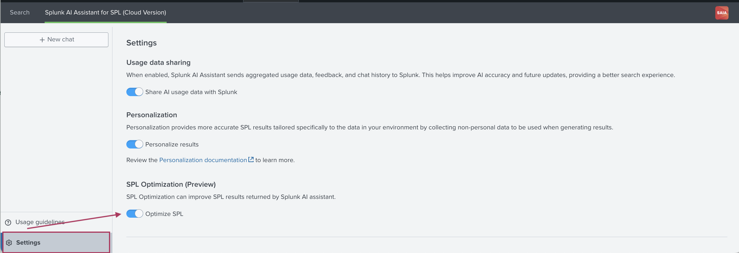 This image shows the information available on the Settings tab of the assistant. The toggle for SPL Optimization is highlighted.