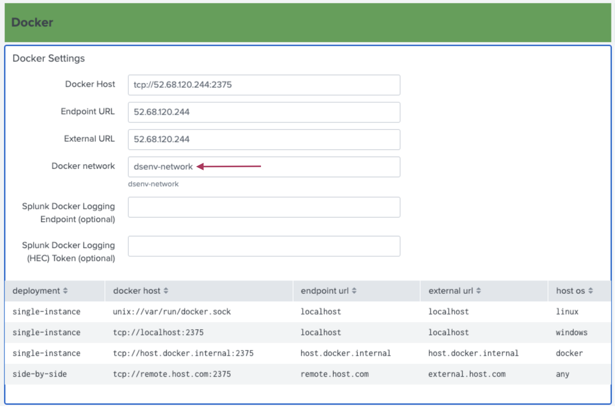 This image shows an example Docker settings panel and series of fields. The field for Docker network is highlighted.