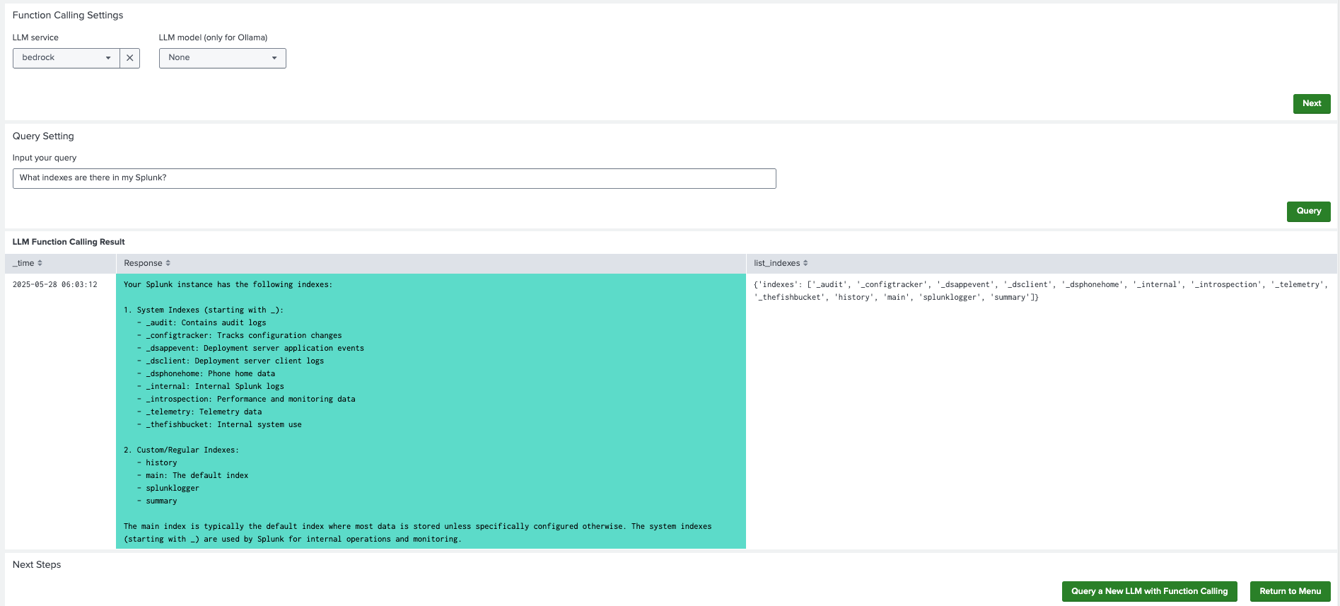 This image shows an example of an LLM with Function Calling dashboard.