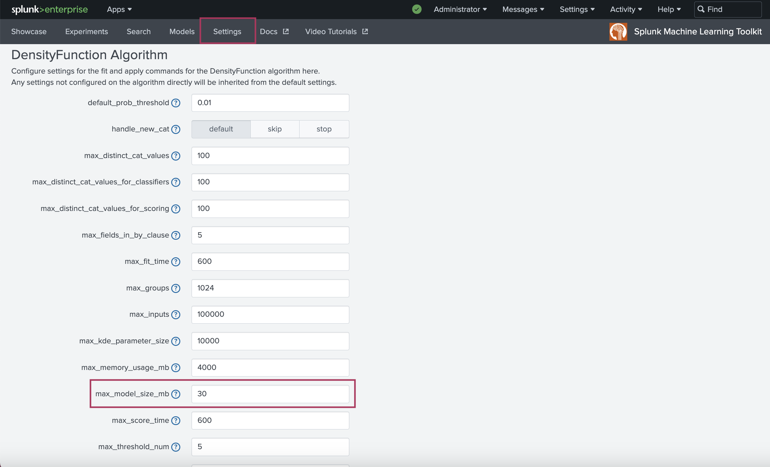 This image shows the details for the DensityFunction algorithm. The Settings tab and the field for max model size are highlighted.