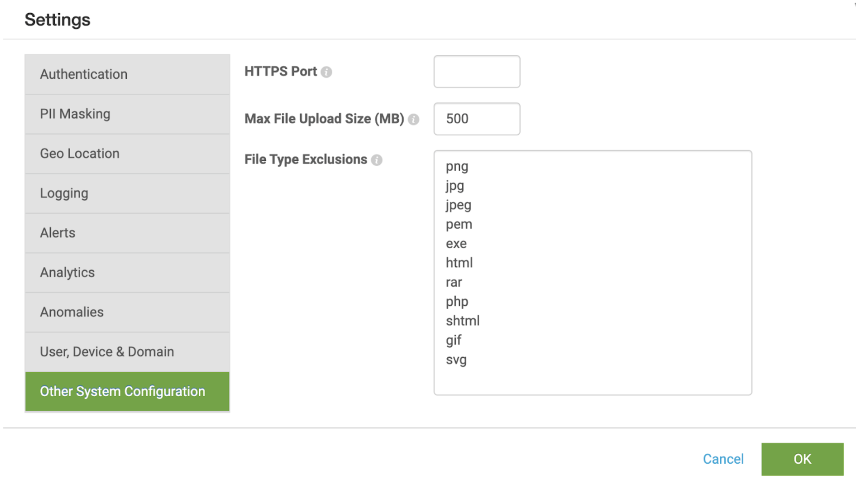 This image shows the Settings page for Splunk UBA. Here you can use the Max File Upload Size field to define the maximum file size for users.
