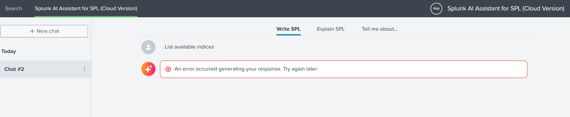 This image shows an example of using the Write SPL feature with a prompt but receiving no results from that prompt. The prompt used in this example reads as List available indices.