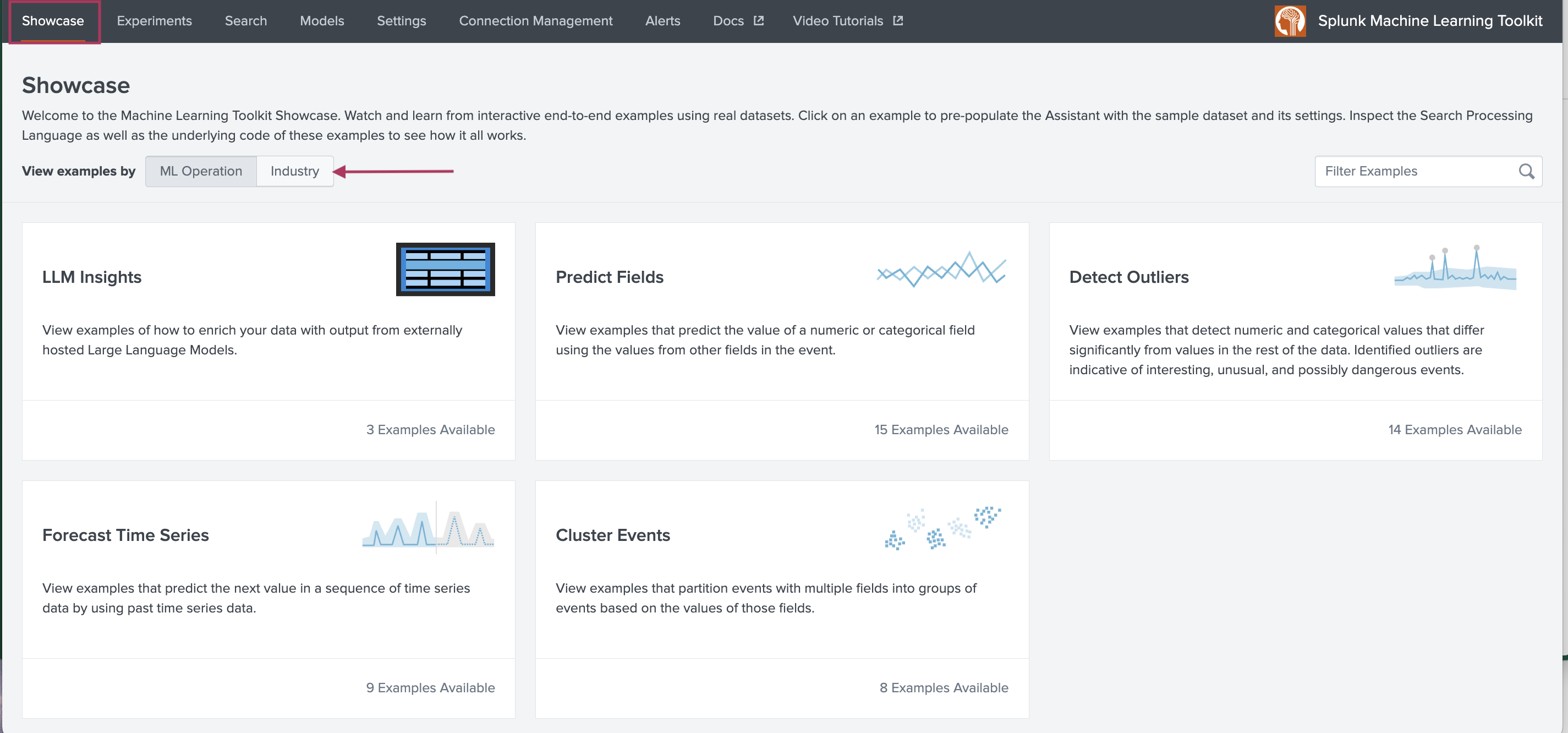 This image shows the Showcase tab of the Splunk Machine Learning Toolkit.