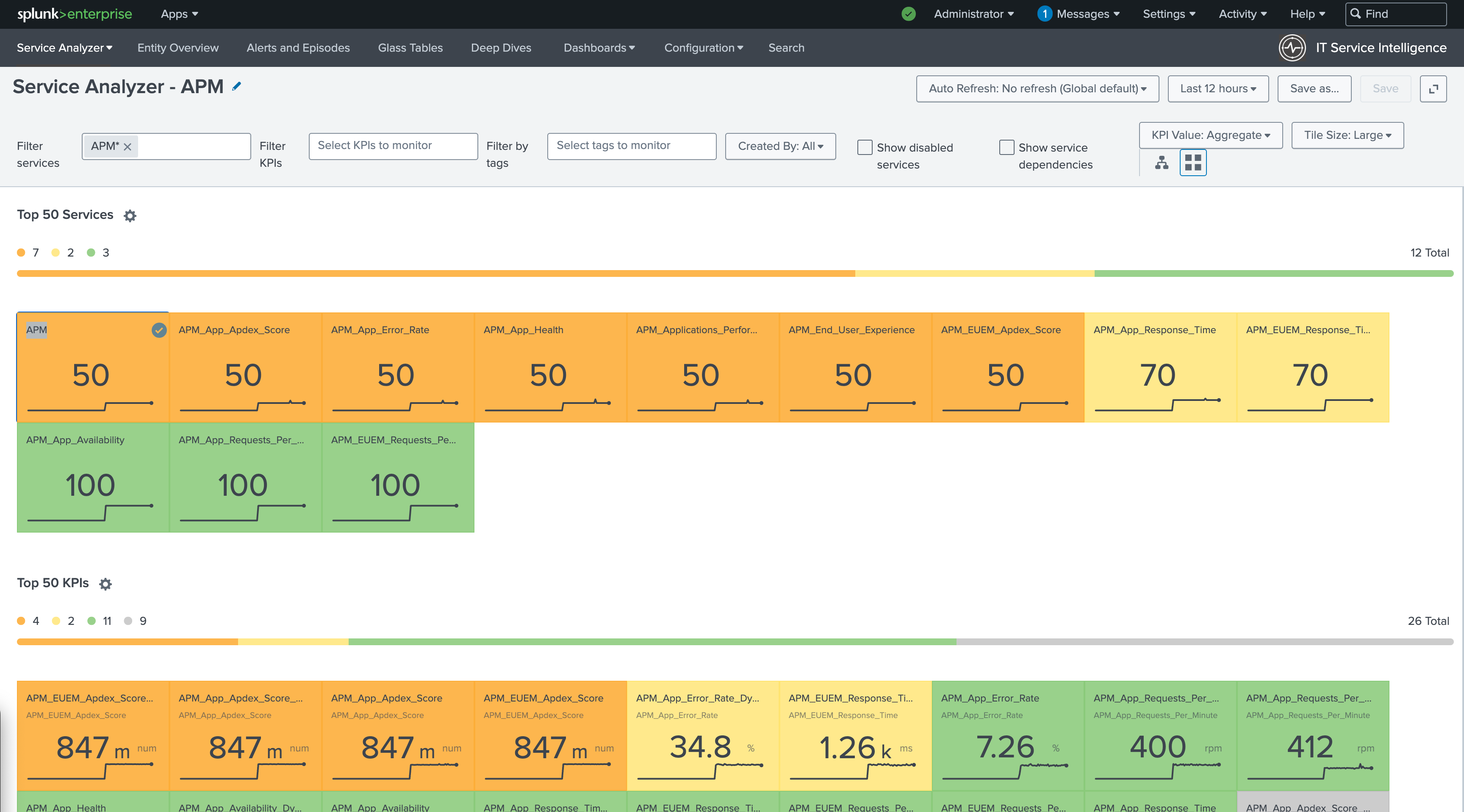 This image shows the APM Service Analyzer populated with example data. This Service Analyzer is a premium feature for ITSI users of the content pack. The upper portion of the view shows the Top 50 Services. The lower portion of the view shows the Top 50 KPIs. A series of fields such as Filter services across the top of the view allow you to curate the results that display.