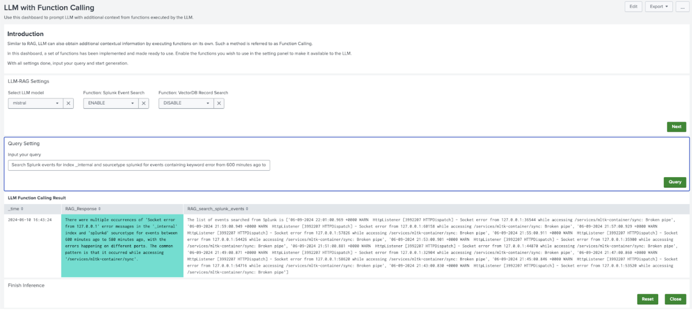 This image shows an example of an LLM with Function Calling dashboard.