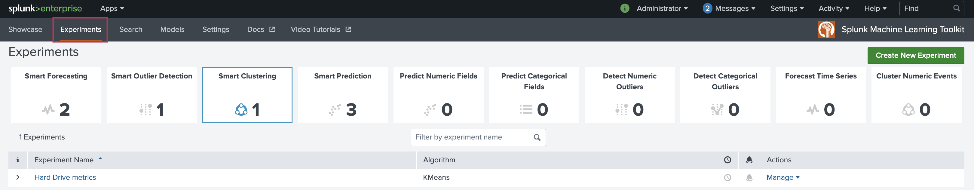 This image shows the view under the Experiments tab of the MLTK. Here each of the available MLTK guided modeling assistants are displayed along with any models created and saved using those assistants.