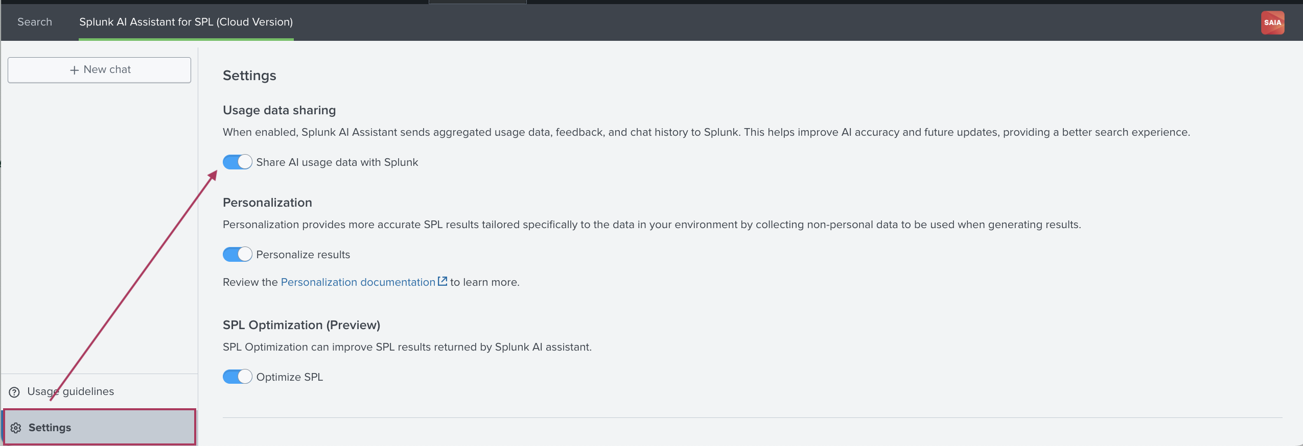 This image shows the Settings tab of Splunk AI Assistant for SPL. A tick-box labeled as Share AI usage data with Splunk is highlighted. From this page in the app you can choose to share or not share some data with Splunk.