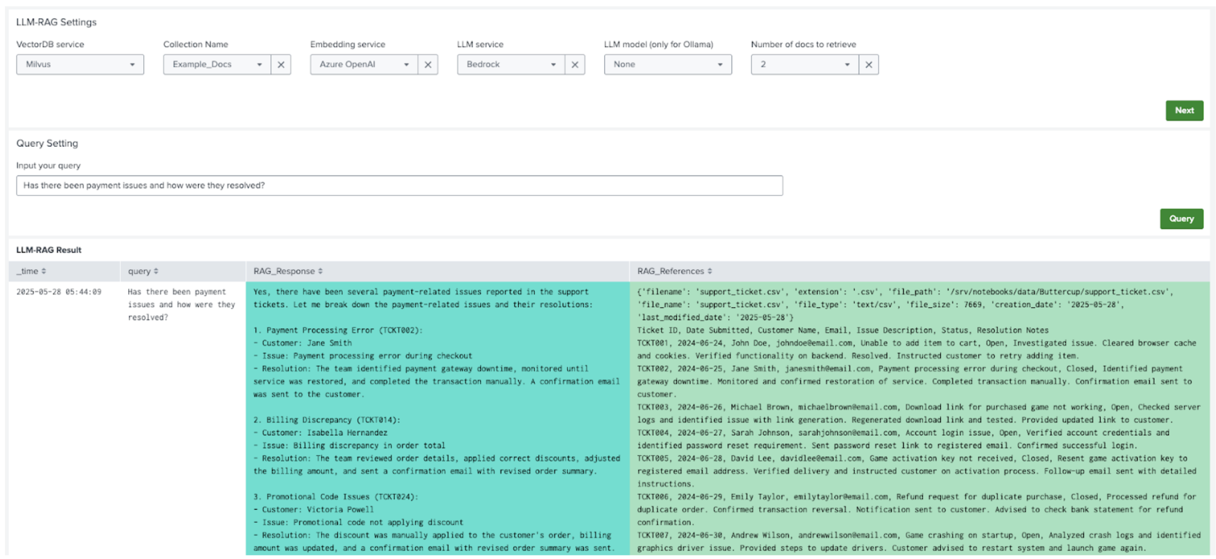 This image shows an example of the LLM-RAG Settings page in DSDL.