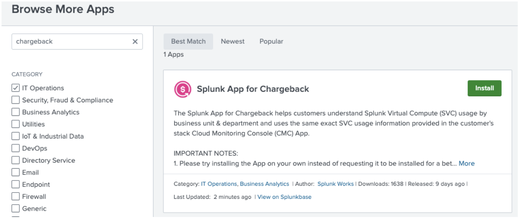 This image shows the "Browse More Apps" interface in Splunk Web. The term "chargeback" is entered in the app search box and the Splunk App for Chargeback is displayed as ready to install.