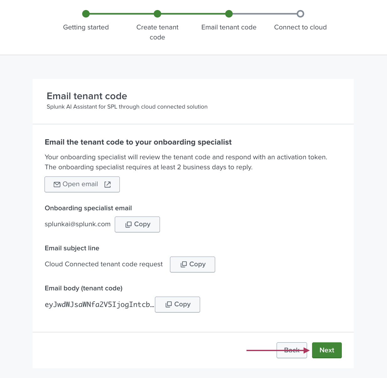 This image shows the Email tenant code page of the cloud connected solution activation steps.
