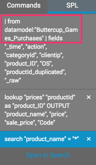 This screen image shows a close up of the command history sidebar for the Table Editor. The SPL tab is selected to reveal the search processing language behind the commands. The SPL for the first command begins with "from datamodel:"buttercup_games_purchases".